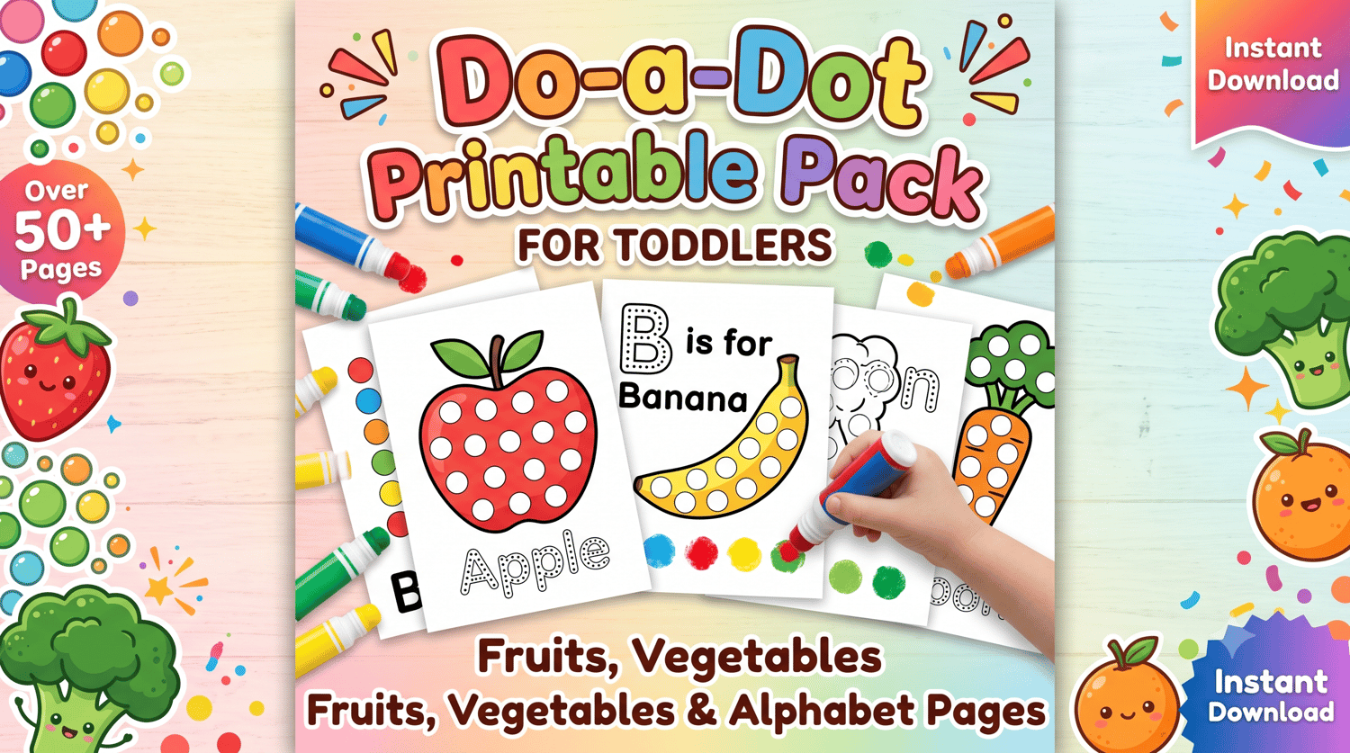 Do-a-Dot printable pack for toddlers with fruits, vegetables and alphabet pages
