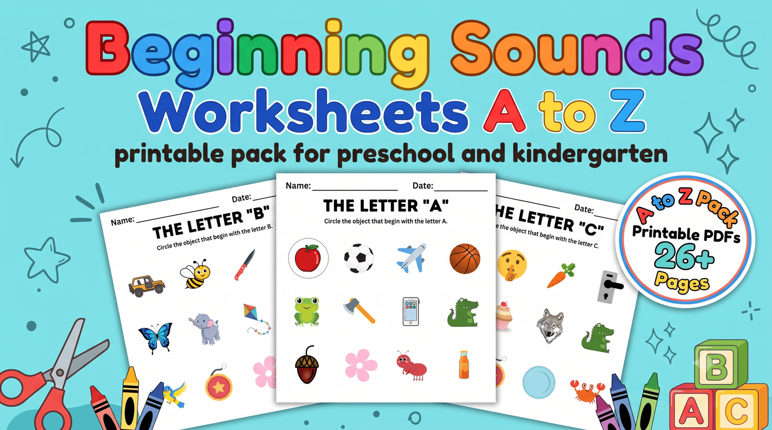 Beginning sounds worksheets A to Z printable pack for preschool and kindergarten