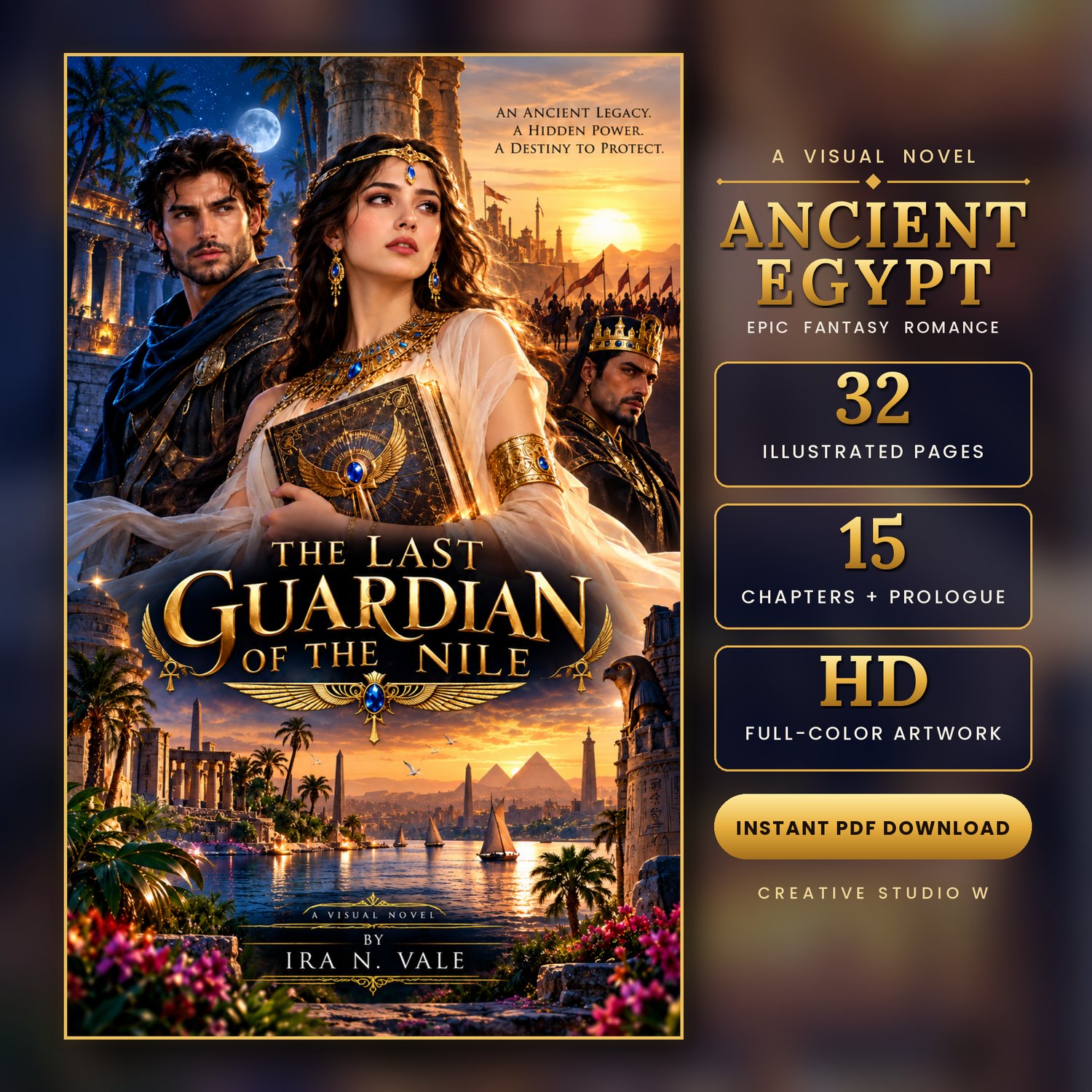 The Last Guardian of the Nile illustrated visual novel cover showing an Egyptian guardian holding a sacred book beside the Nile at sunset