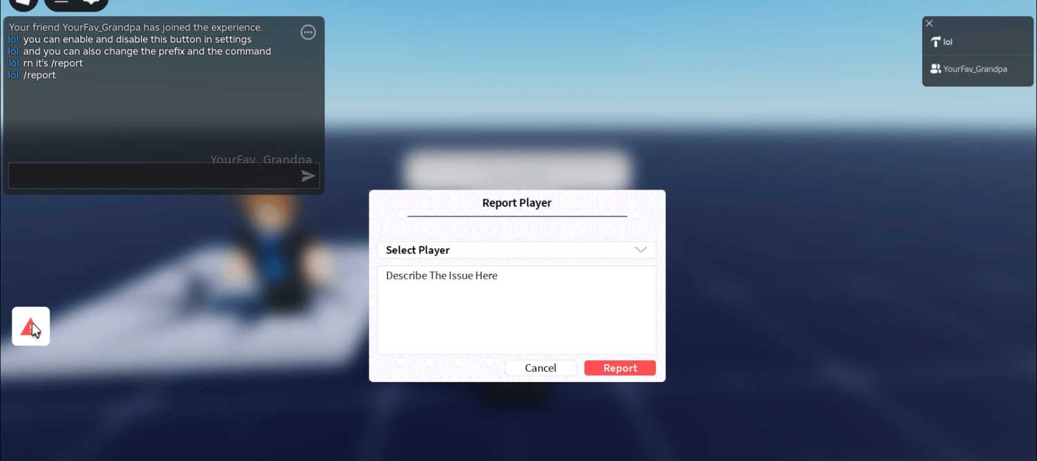 In-game player report interface