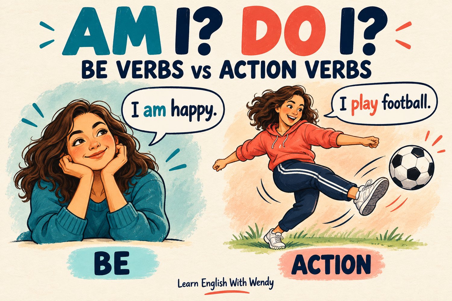 Illustration contrasting “I am happy” with “I play football,” showing a smiling learner and the same learner kicking a ball beneath the headline “Am I? Do I?”