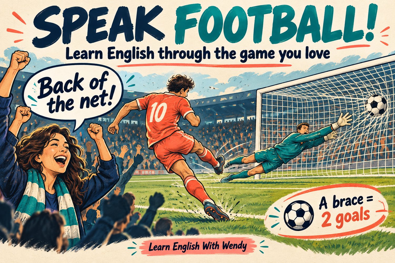 Footballer scores past a diving goalkeeper as a fan shouts “Back of the net!” beneath “Speak Football!” A callout explains that a brace means two goals.