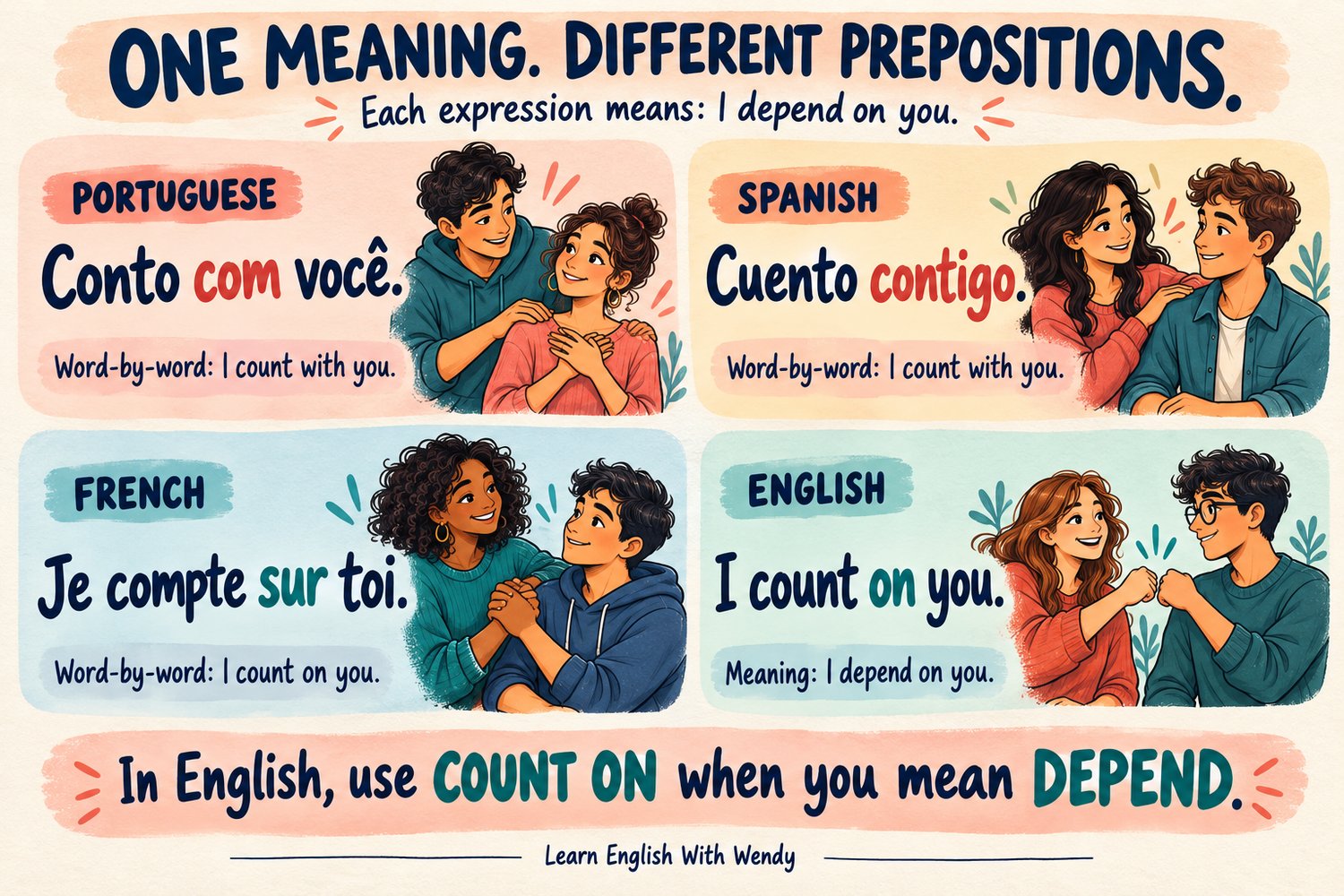 Illustrated comparison of Portuguese “Conto com você”, Spanish “Cuento contigo”, French “Je compte sur toi” and English “I count on you”, showing their different prepositions.
