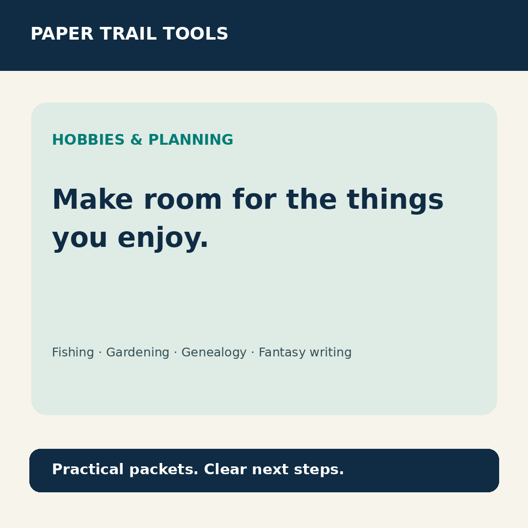 Paper Trail Tools hobbies and planning organizers for fishing, gardening, genealogy, and fantasy writing.