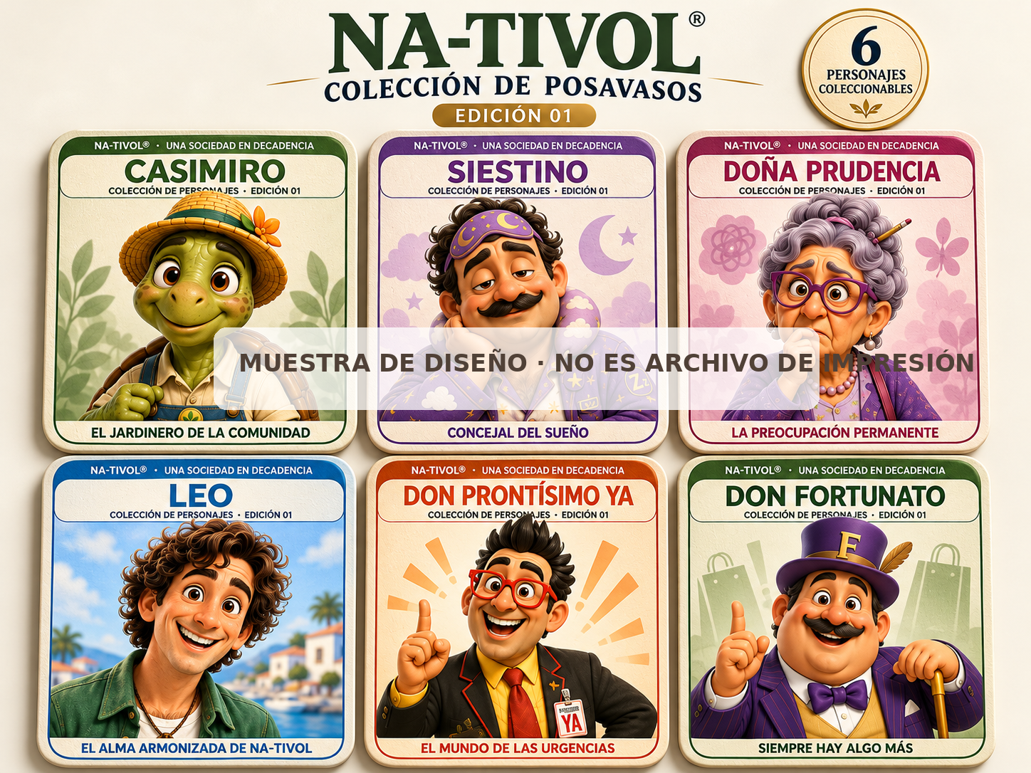 Portada oficial de NA-TIVOL: colección de seis posavasos y seis personajes