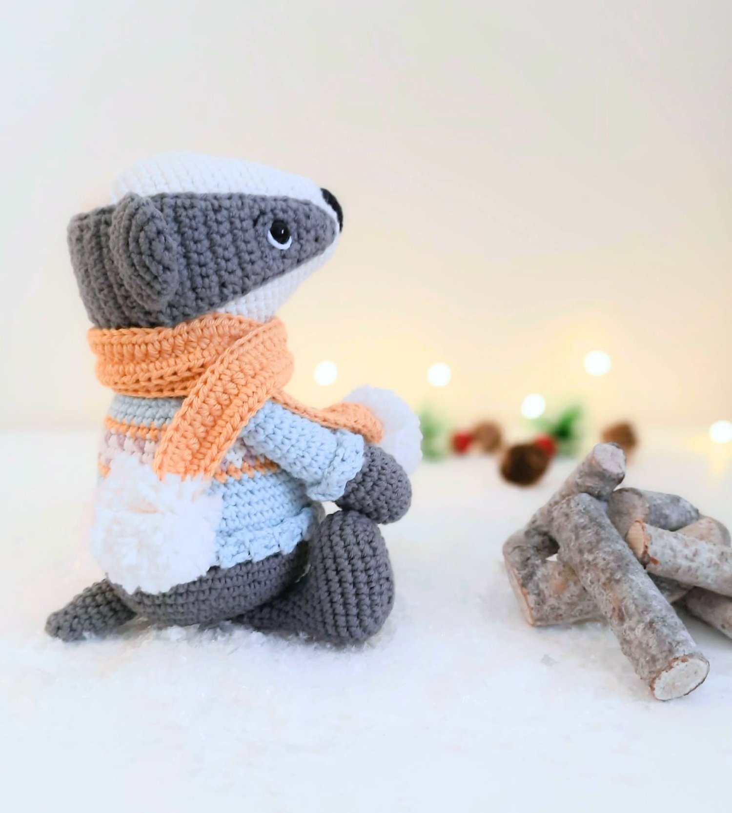 Sitting Crochet Badger with scarf