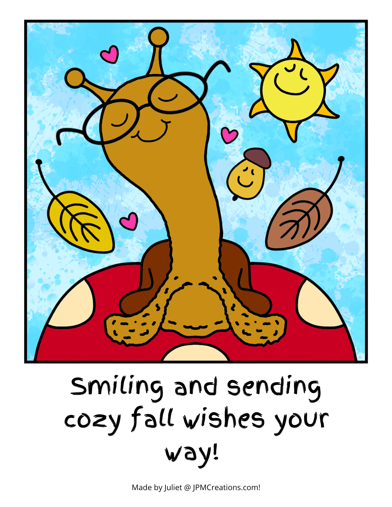 FREE Cute Snail On A Mushroom Fall Thinking Of You Postcard (Colored)