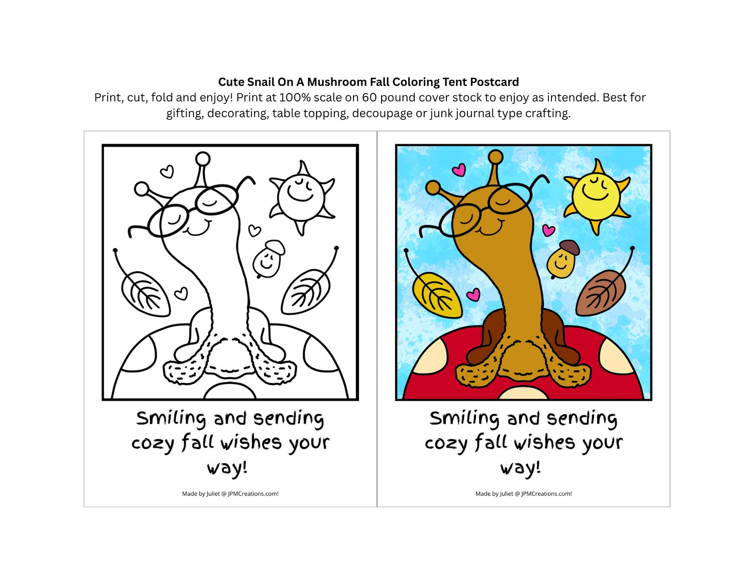 FREE Cute Snail On A Mushroom Fall Coloring Postcard (Print Sheet)