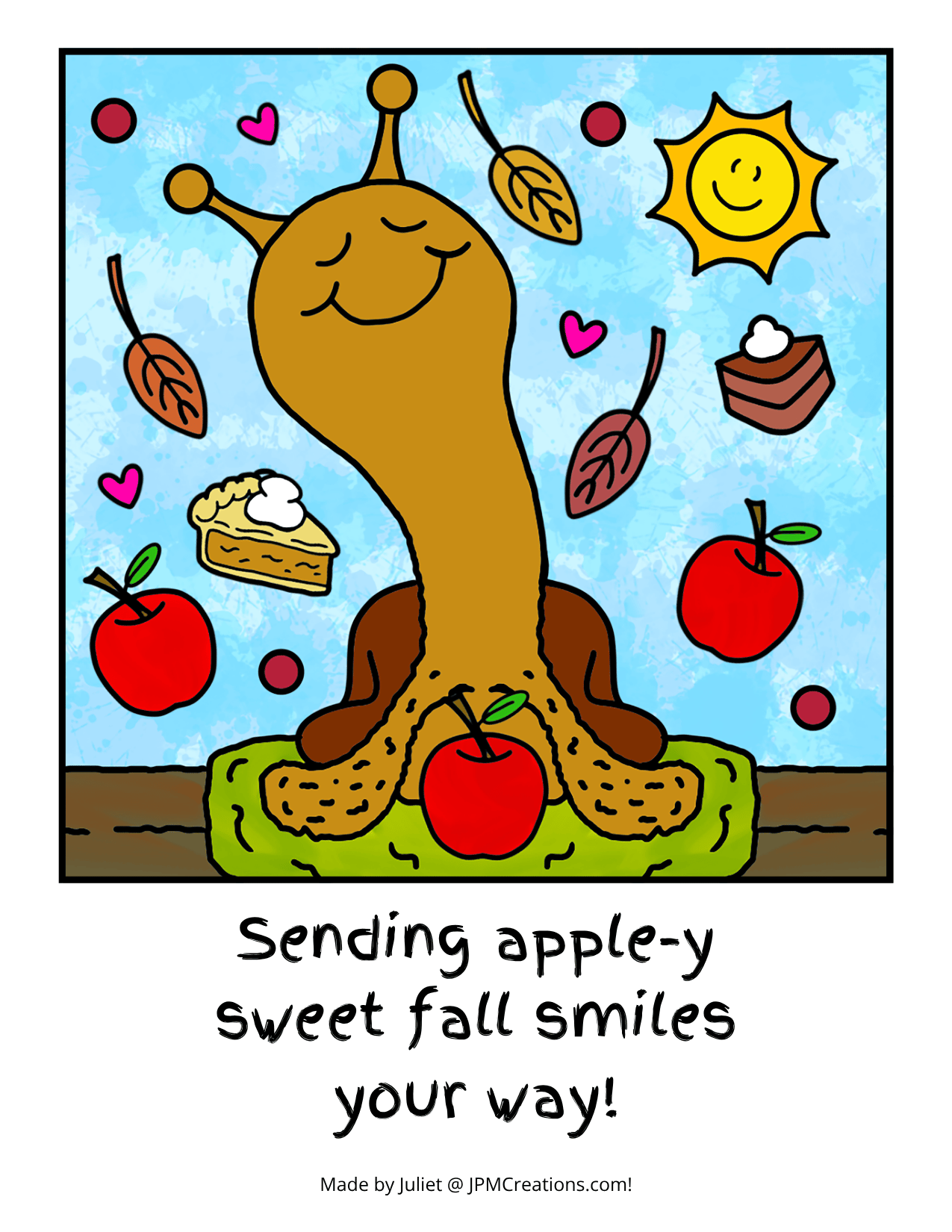 Cute Snail Apple-y Sweet Smiles Fall Coloring Postcard  (colored)