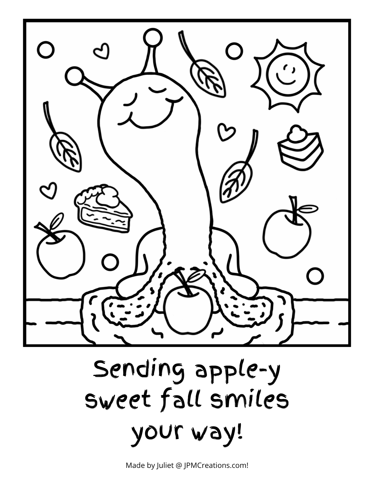 Cute Snail Apple-y Sweet Smiles Fall Coloring Postcard (uncolored)
