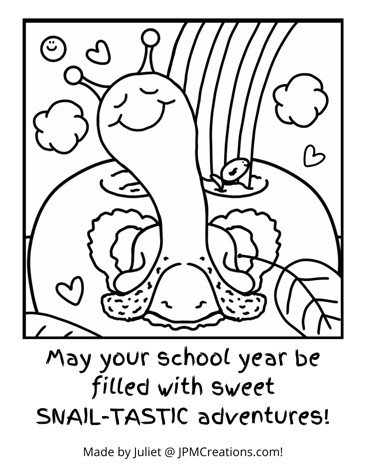 FREE Cute Snail SNAIL-TASTIC Adventures First Day Back To School Good Luck Tent Coloring Postcard (uncolored)
