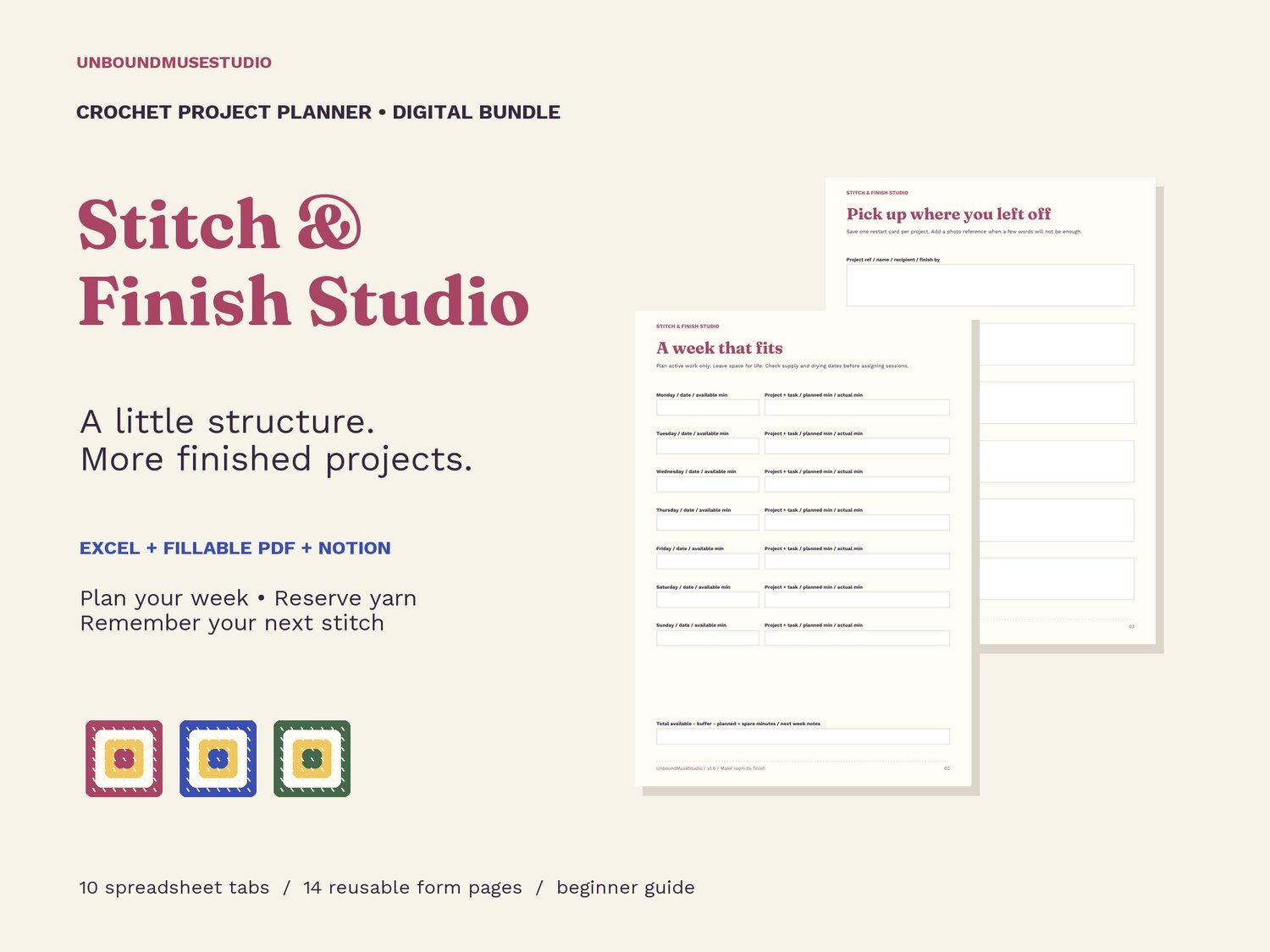 Stitch & Finish Studio crochet project planner and yarn stash tracker bundle.