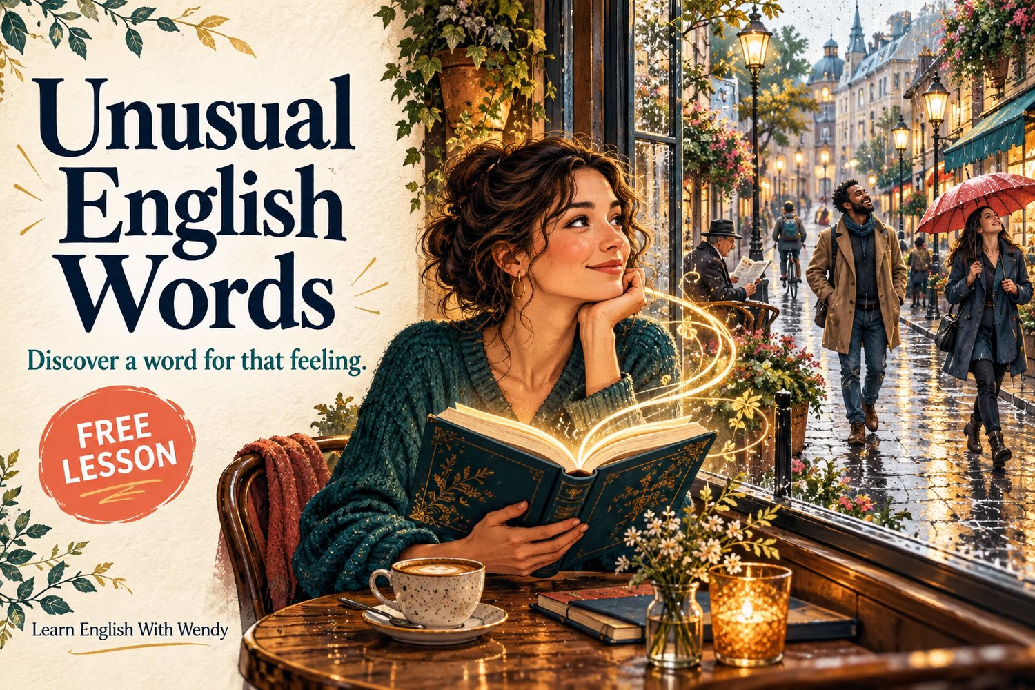 Illustrated woman holding an open book beside a café window overlooking a rainy street, with the title “Unusual English Words” and a “Free Lesson” badge.