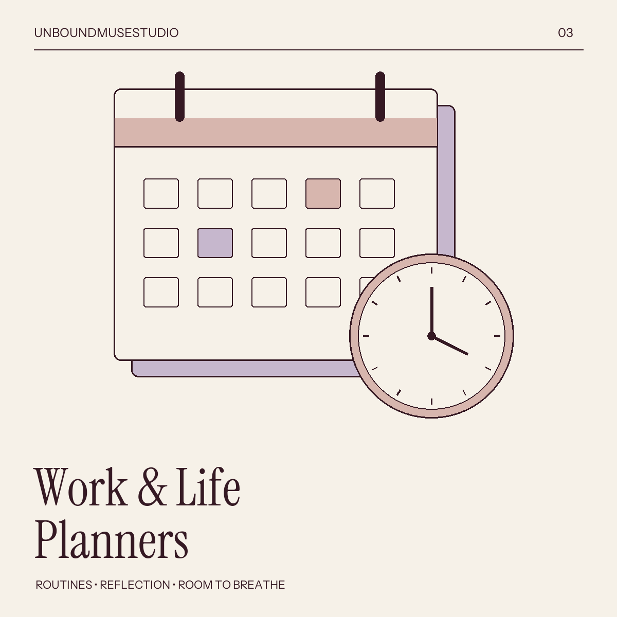 Work and Life Planners: an ivory calendar and clock with lilac and rose details.