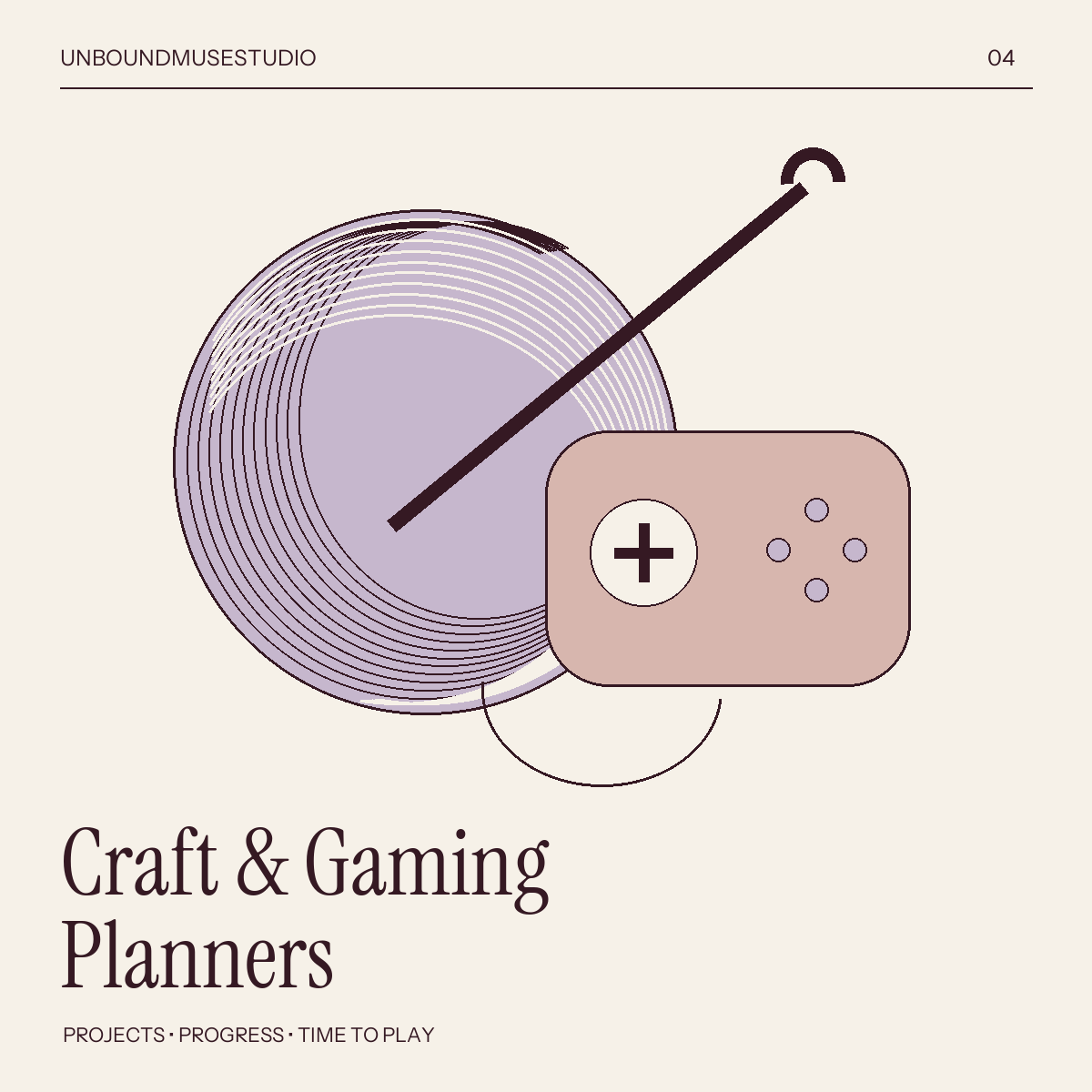 Craft and Gaming Planners: lilac yarn, crochet hook and rose game controller on an ivory background.