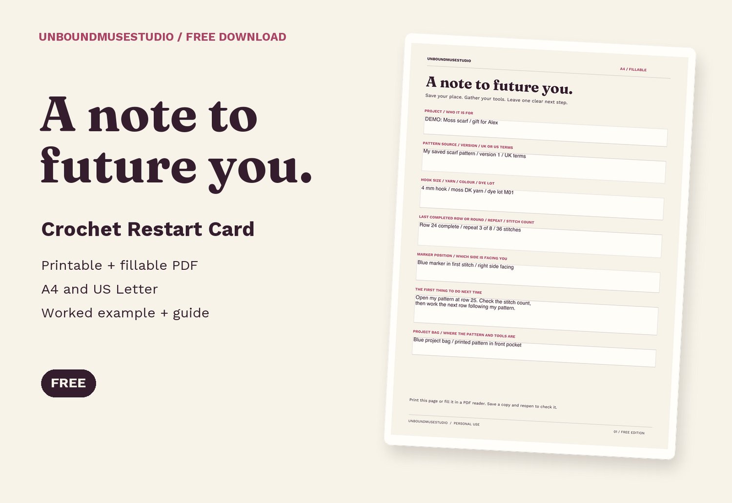 Free Crochet Restart Card cover with an example PDF and A4, US Letter, printable and fillable features.