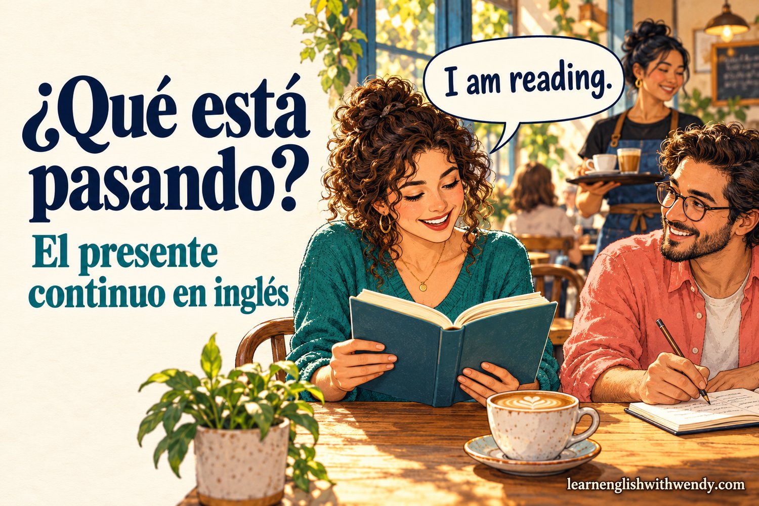 Una mujer lee un libro mientras un hombre escribe en una cafetería, junto al título «¿Qué está pasando? El presente continuo en inglés» y la frase «I am reading»