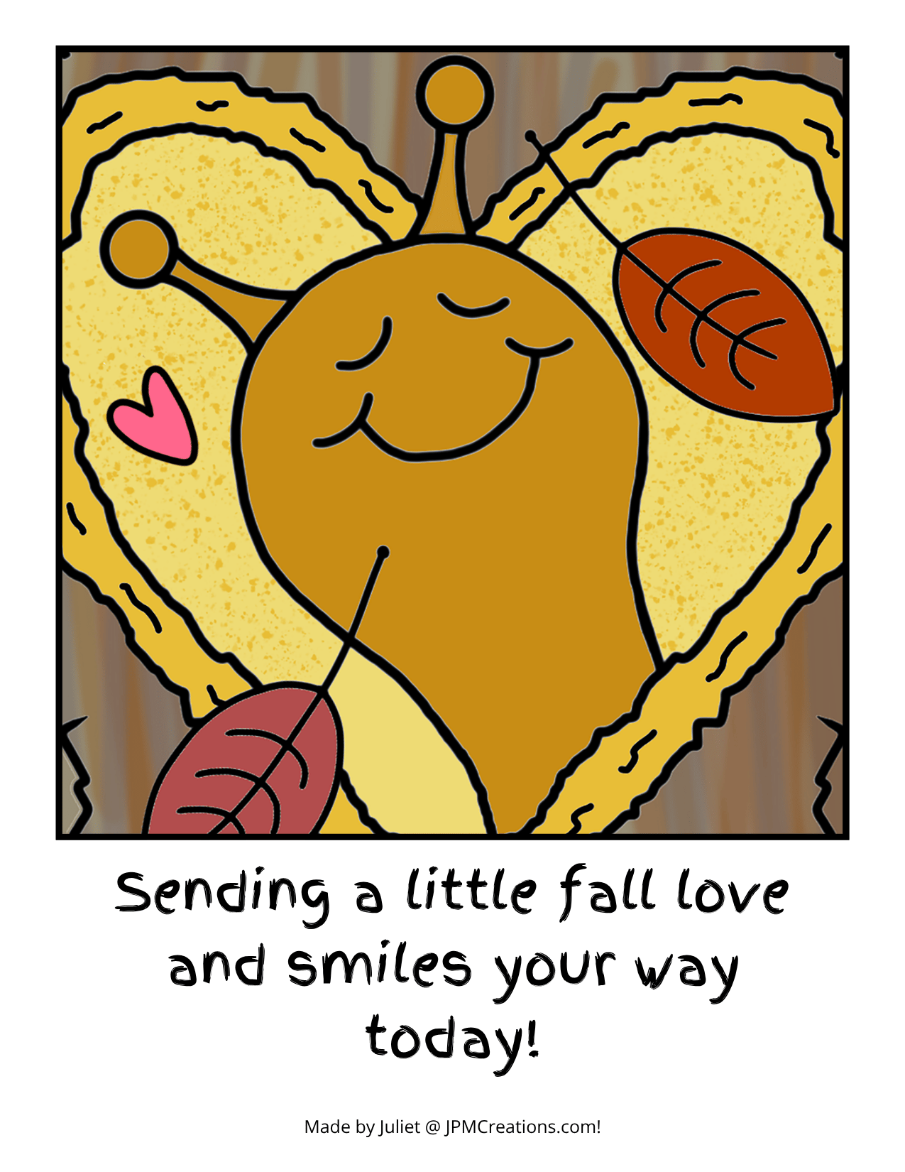FREE Cute Snail Fall Heart Tree 2 in 1 Coloring Postcard (Colored)