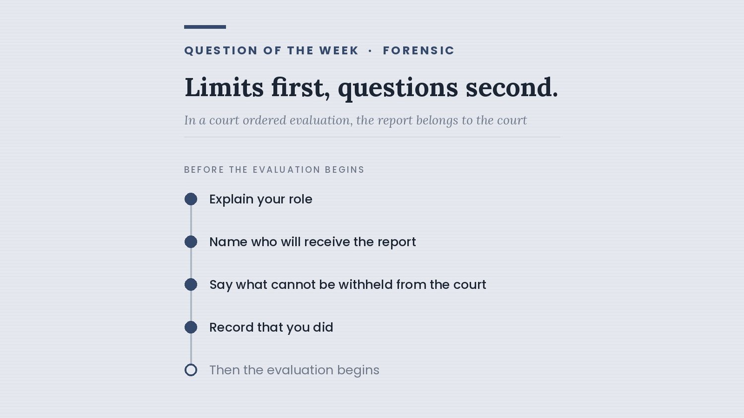 Four steps before a court ordered evaluation begins: explain your role, name who receives the report, say what cannot be withheld from the court, and record that you did