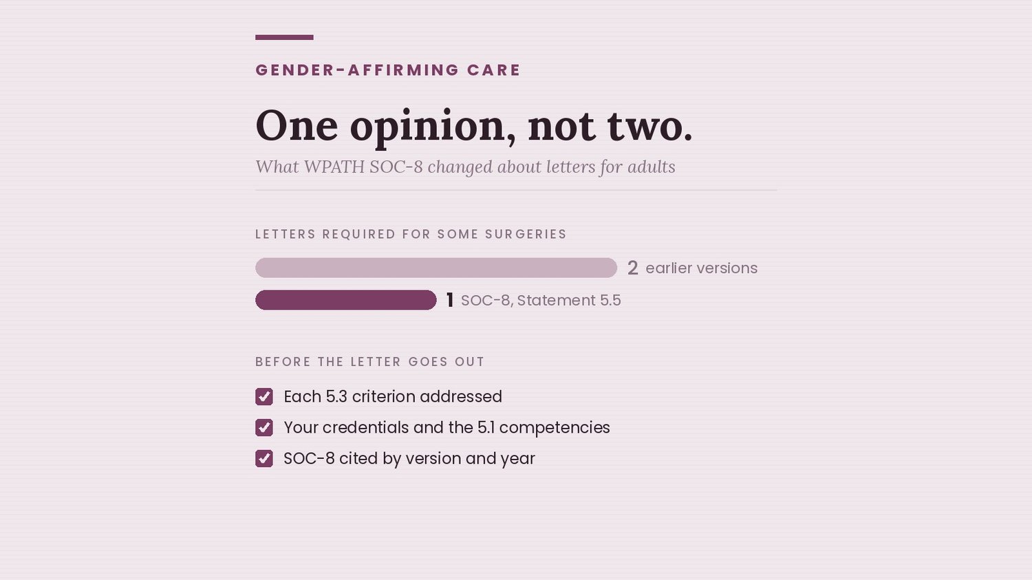 Under WPATH SOC-8 Statement 5.5 adults need one opinion instead of the two letters earlier versions required for some surgeries, plus a three item checklist for the letter
