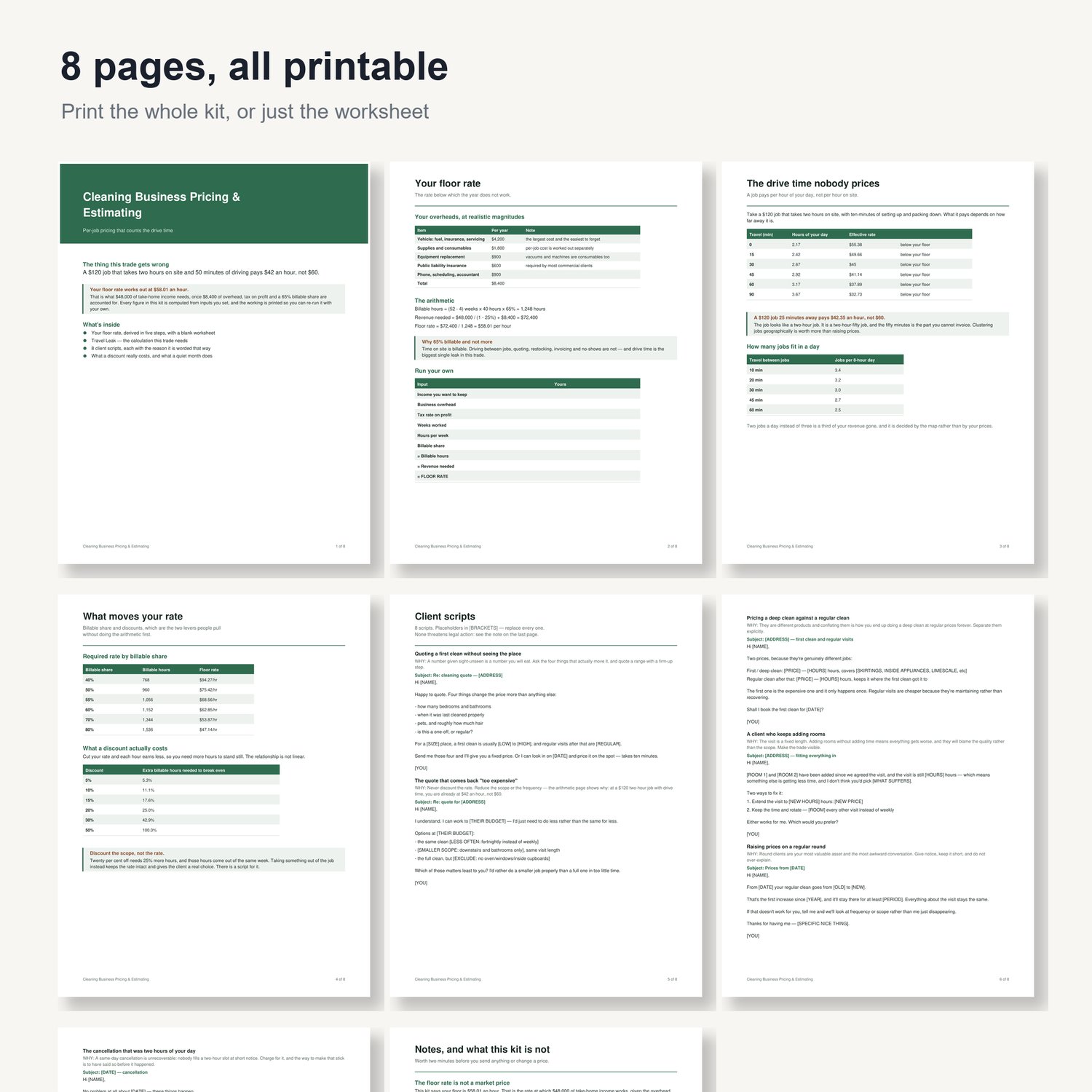 Cleaning Business Pricing & Estimating: preview grid of all 8 printable pages