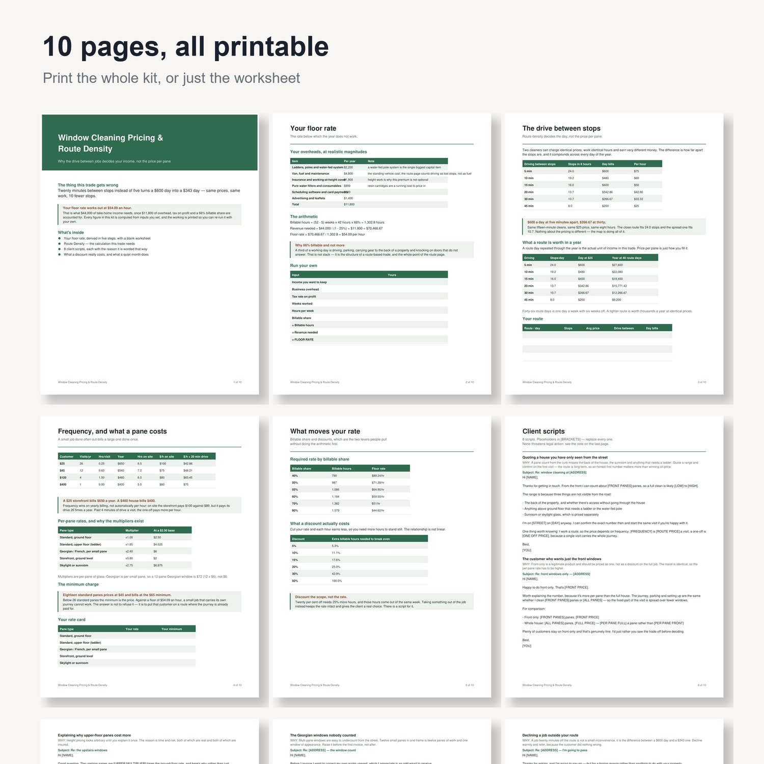 Window Cleaning Pricing & Route Density: preview grid of all 10 printable pages