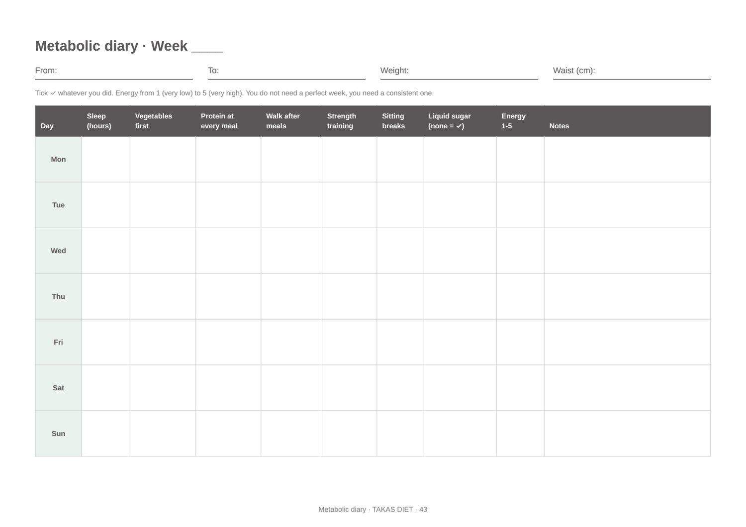 Printable weekly diary from Insulin Resistance English ebook