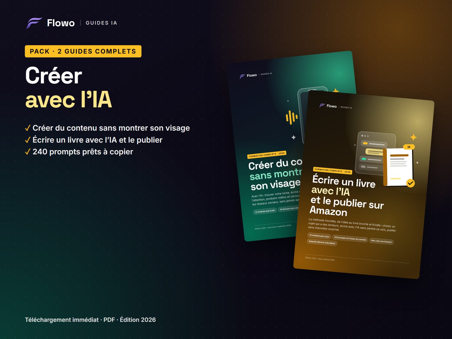 Pack Créer avec l'IA : les guides Flowo Créer du contenu sans montrer son visage et Écrire un livre avec l'IA