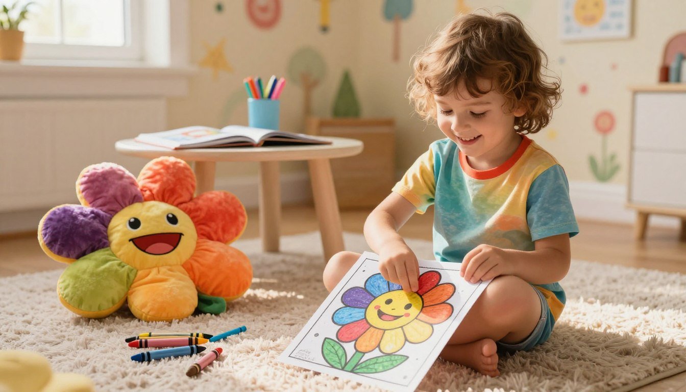 Child matches a flower coloring page to a room object