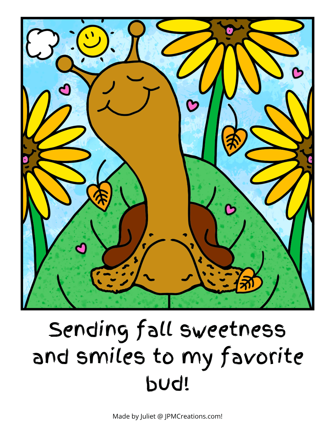FREE Cute Snail Sending Fall Smiles Favorite Bud Digital Sharing Postcard