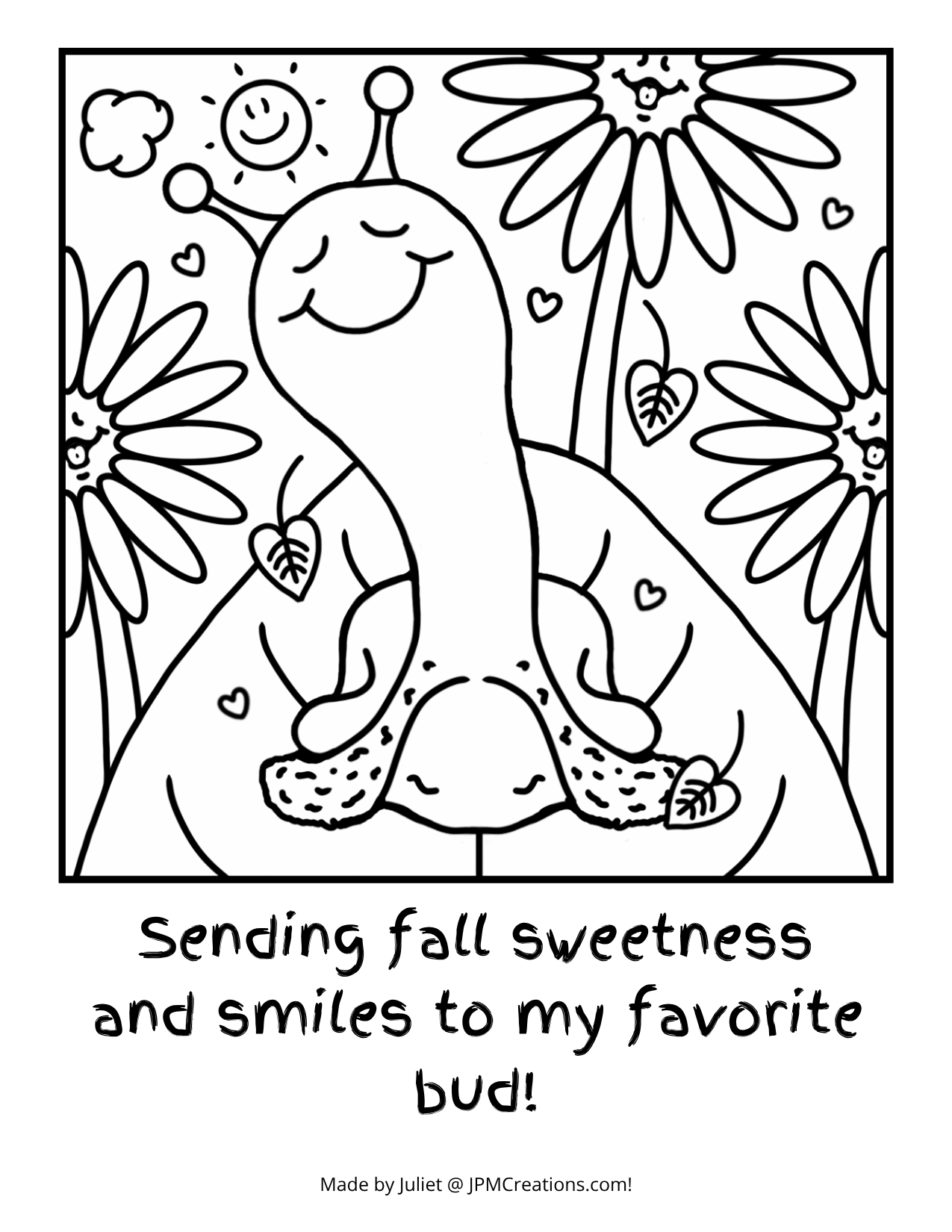 FREE Cute Snail Sending Fall Smiles Favorite Bud Digital Sharing Coloring Postcard
