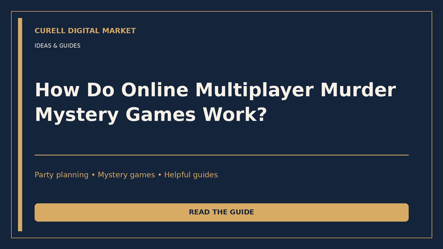 Curell Digital Market Ideas & Guides: How Do Online Multiplayer Murder Mystery Games Work?, midnight navy and warm gold cover.