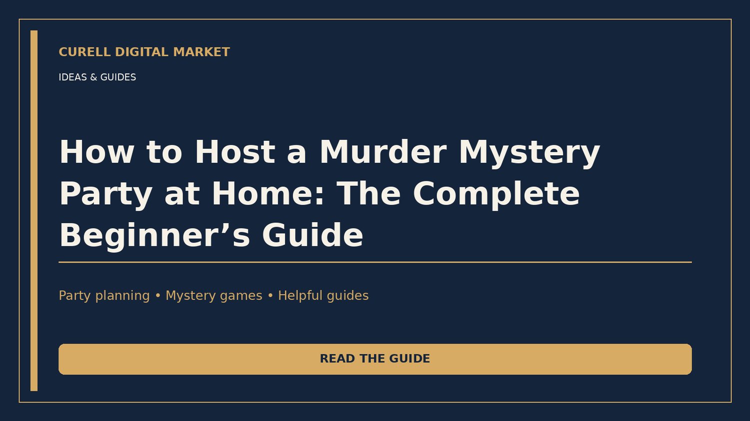 How to Host a Murder Mystery Party at Home: beginner guide cover in midnight navy and warm gold.