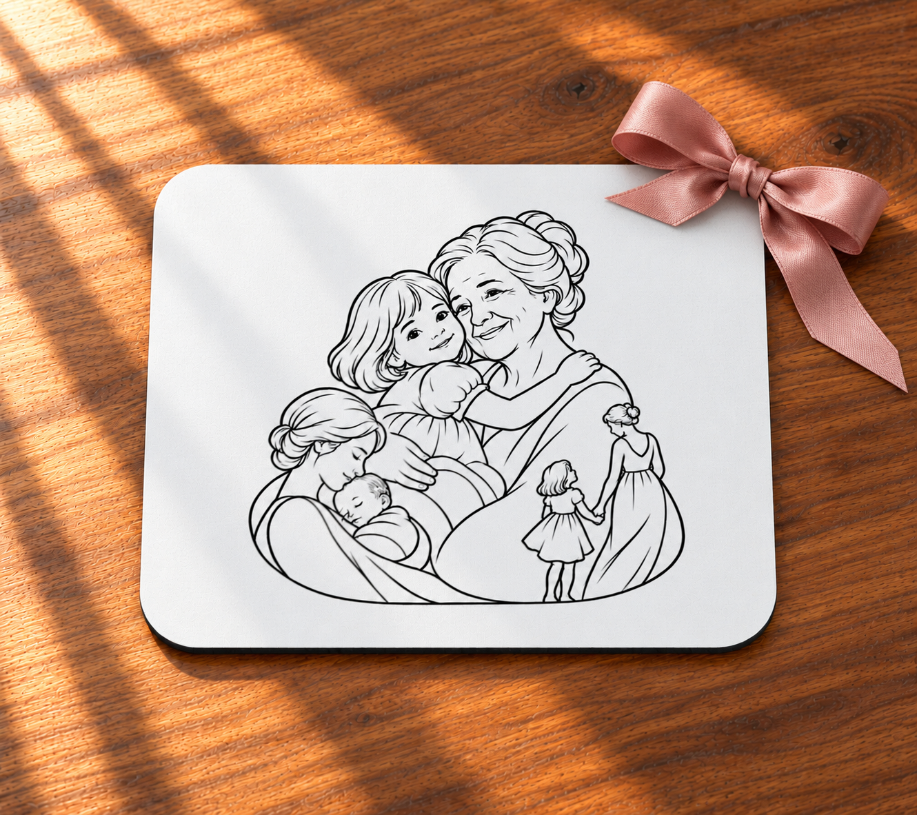 Grandmother/Girl mouse pad with black family line artwork on a white surface, shown on a sunlit wooden desk beside a pink bow.