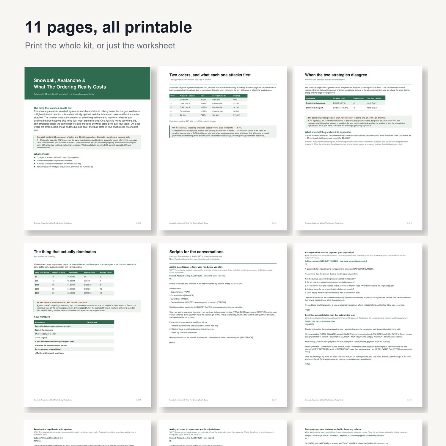 Snowball, Avalanche & What The Ordering Really Costs: preview grid of all 11 printable pages