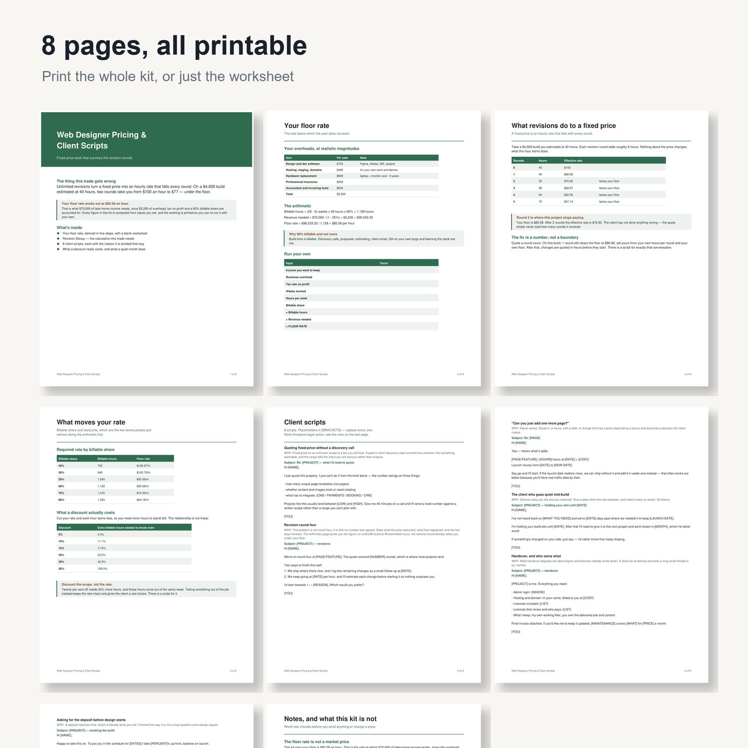 Web Designer Pricing & Client Scripts: preview grid of all 8 printable pages