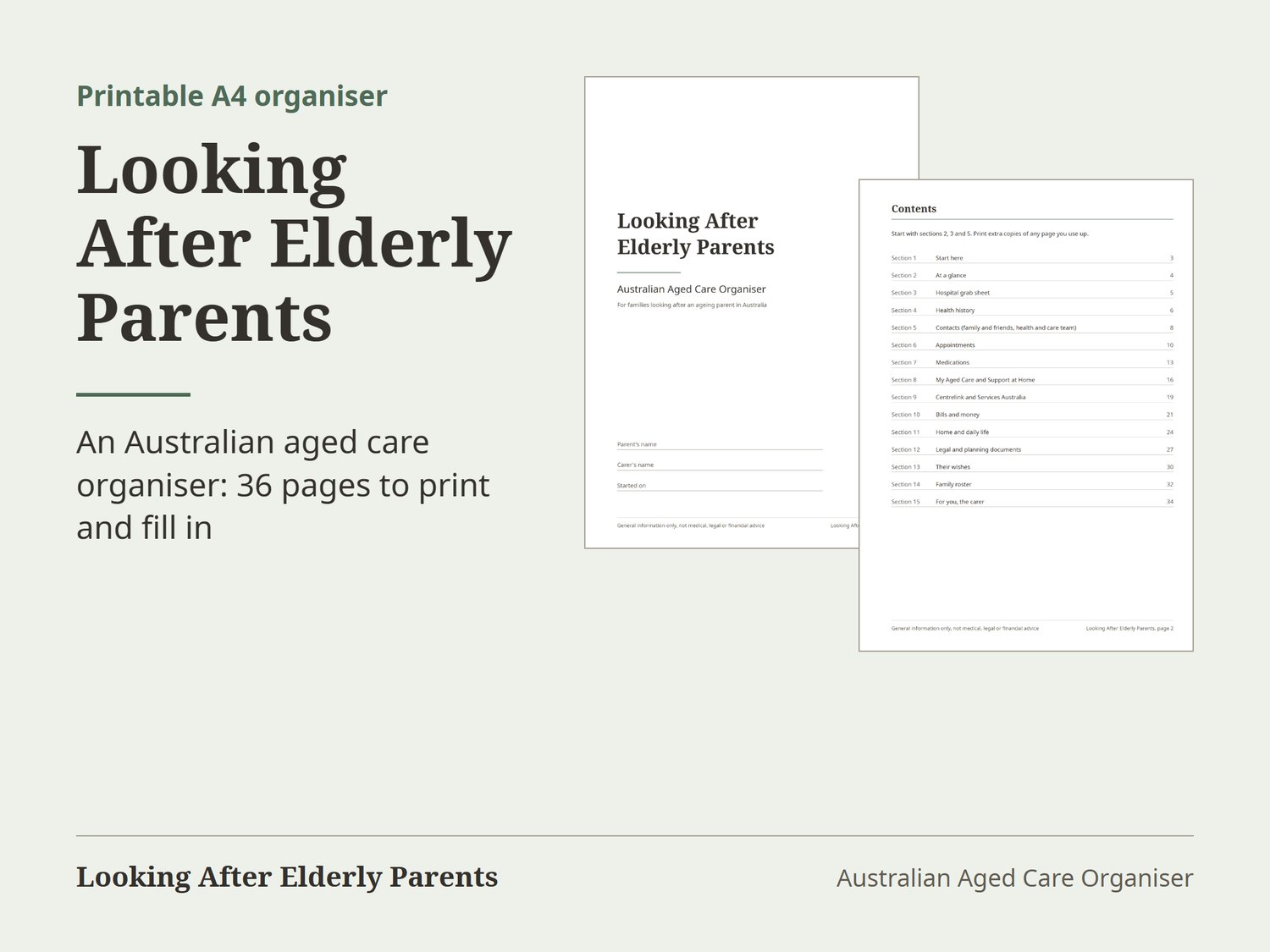 Cover and contents page of Looking After Elderly Parents, an Australian aged care organiser to print or type into