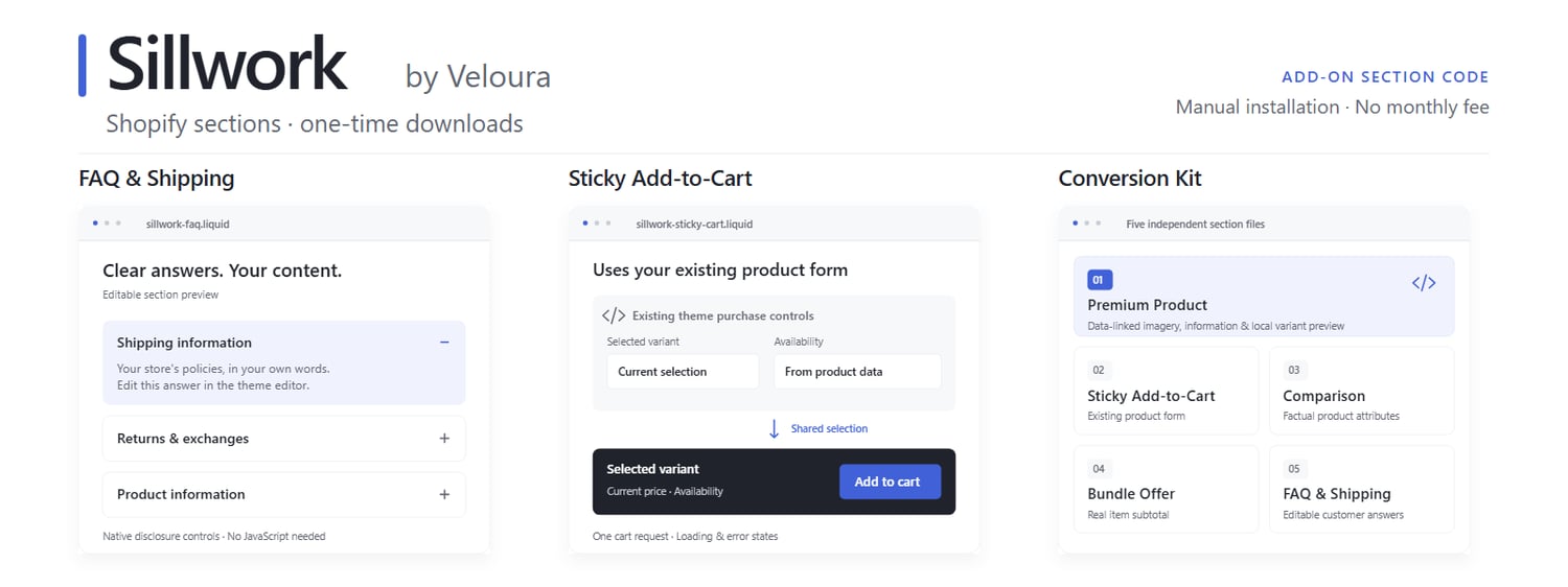 Sillwork by Veloura — Shopify FAQ, Sticky Add-to-Cart and Conversion Kit section previews. One-time downloads with manual installation.
