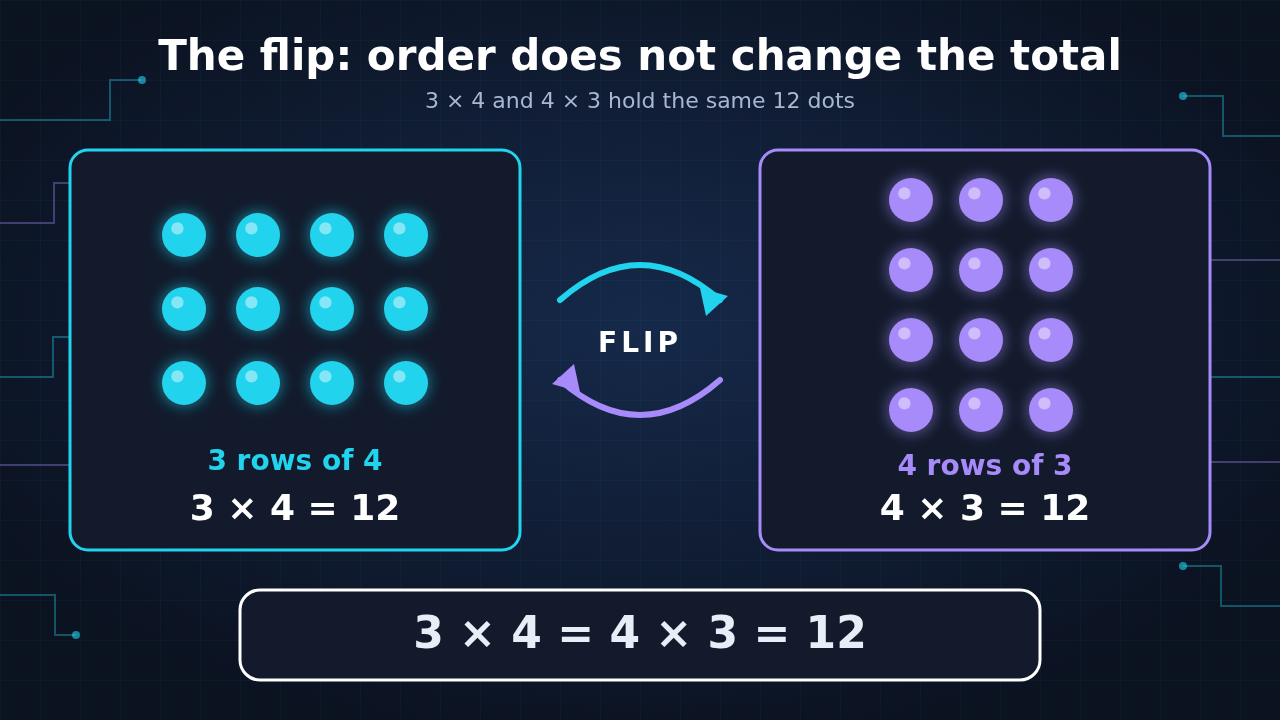 Diagram: a 3-rows-of-4 array flipping into a 4-rows-of-3 array, both with 12 dots, showing 3 × 4 = 4 × 3 = 12