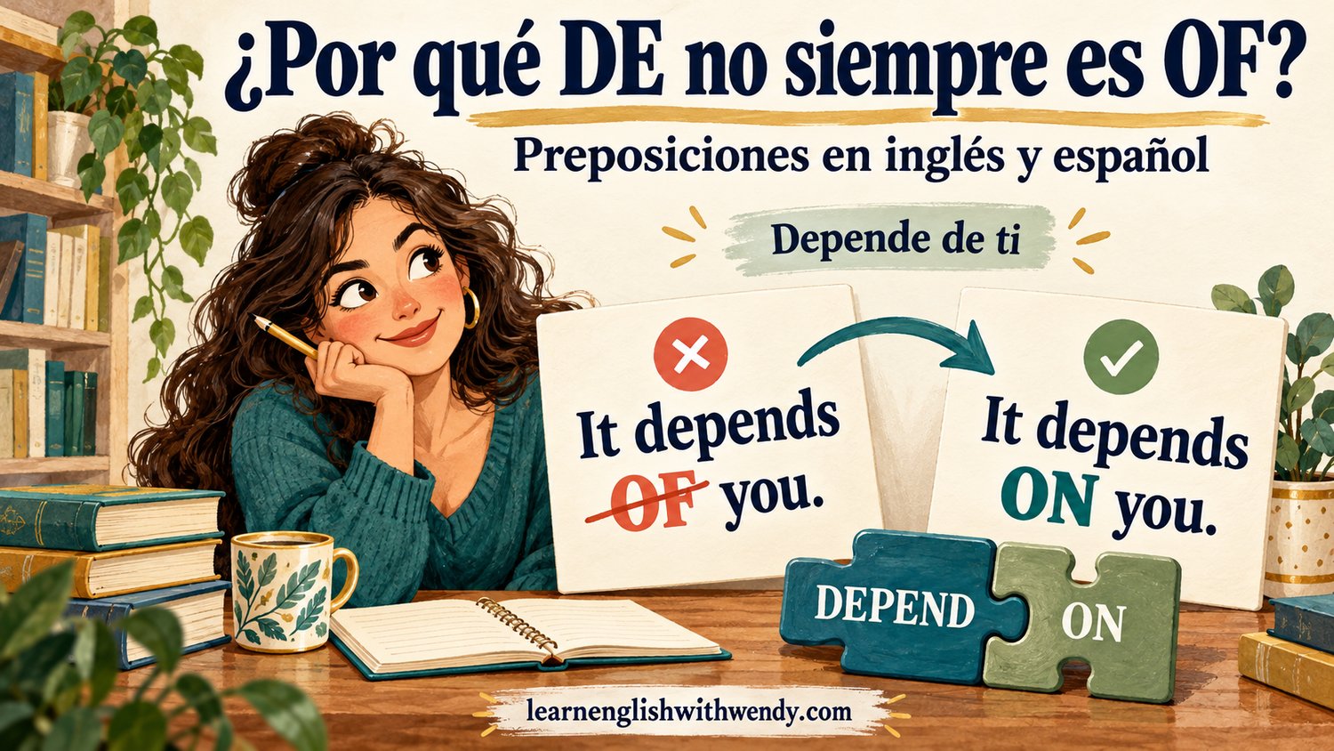 Ilustración de una estudiante comparando «It depends of you», marcado como incorrecto, con «It depends on you», bajo el título «¿Por qué DE no siempre es OF?».