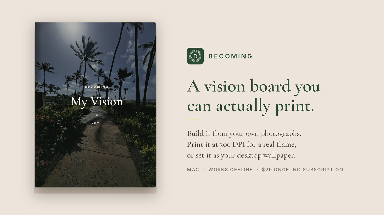 The Becoming vision board app for Mac, showing a printed vision board beside its features