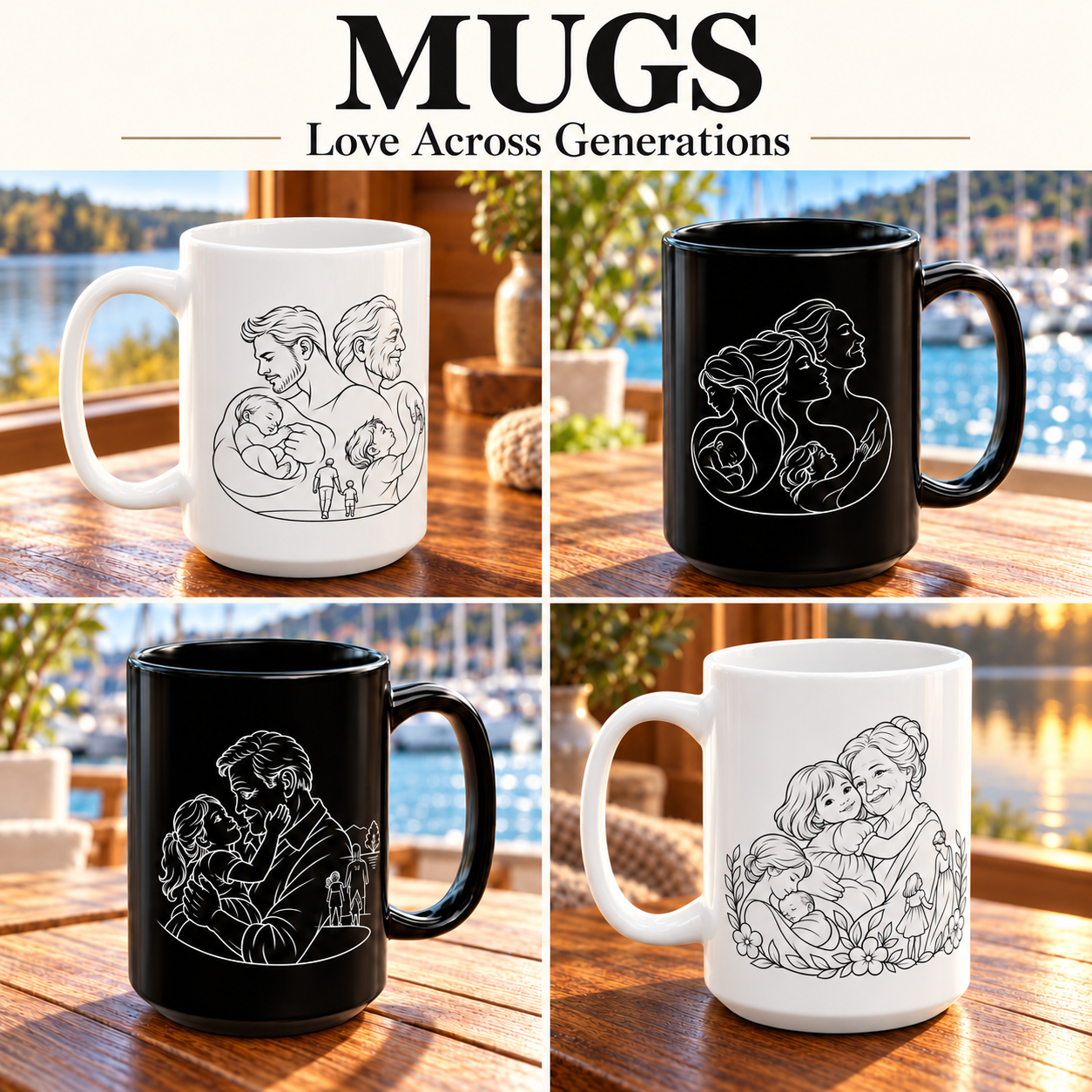 Love Across Generations mug collection featuring white and black ceramic mugs with family line artwork celebrating motherhood, fatherhood, and grandparent connections.