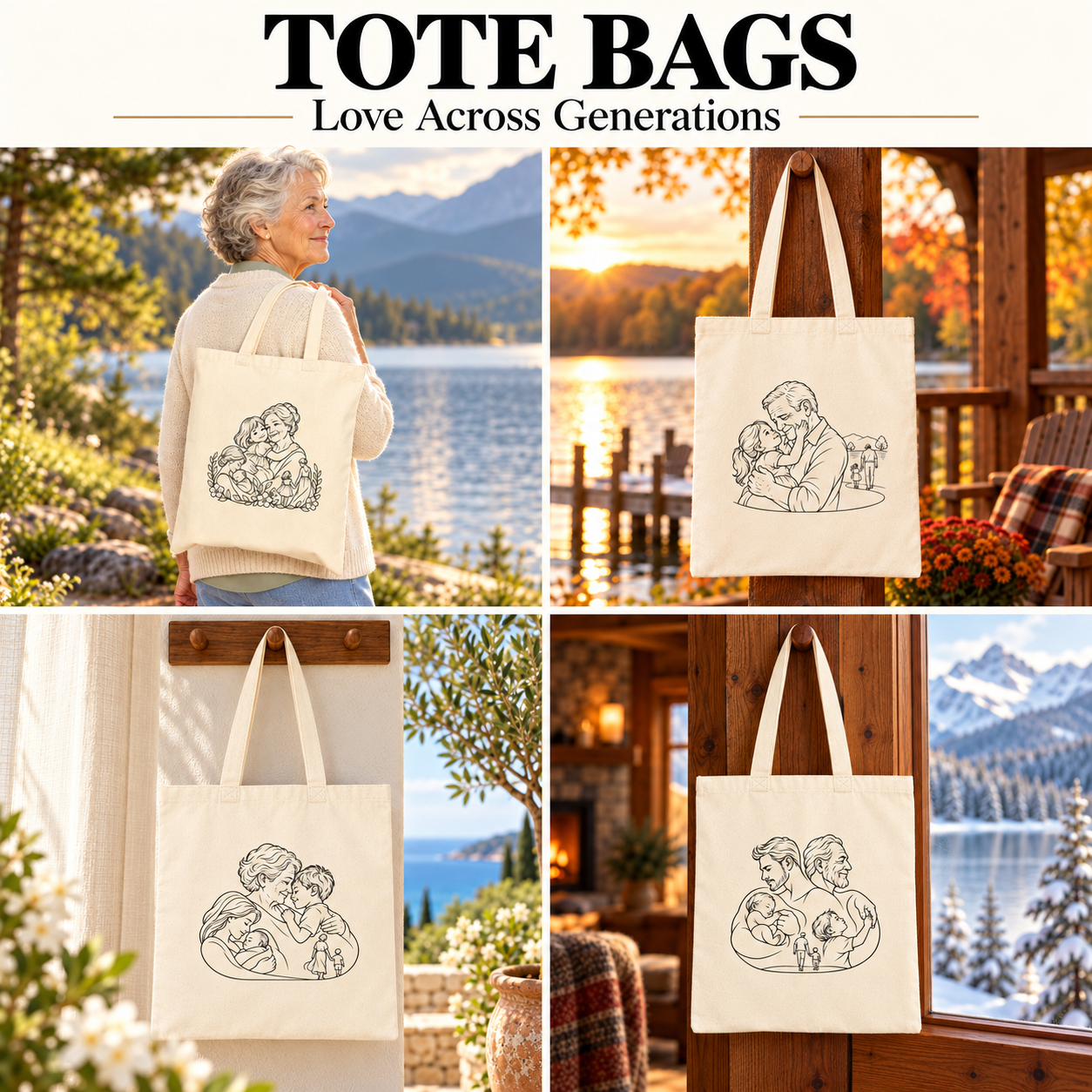 Love Across Generations canvas tote collection with family line artwork, showing a woman carrying a tote on her shoulder and three hanging tote designs.