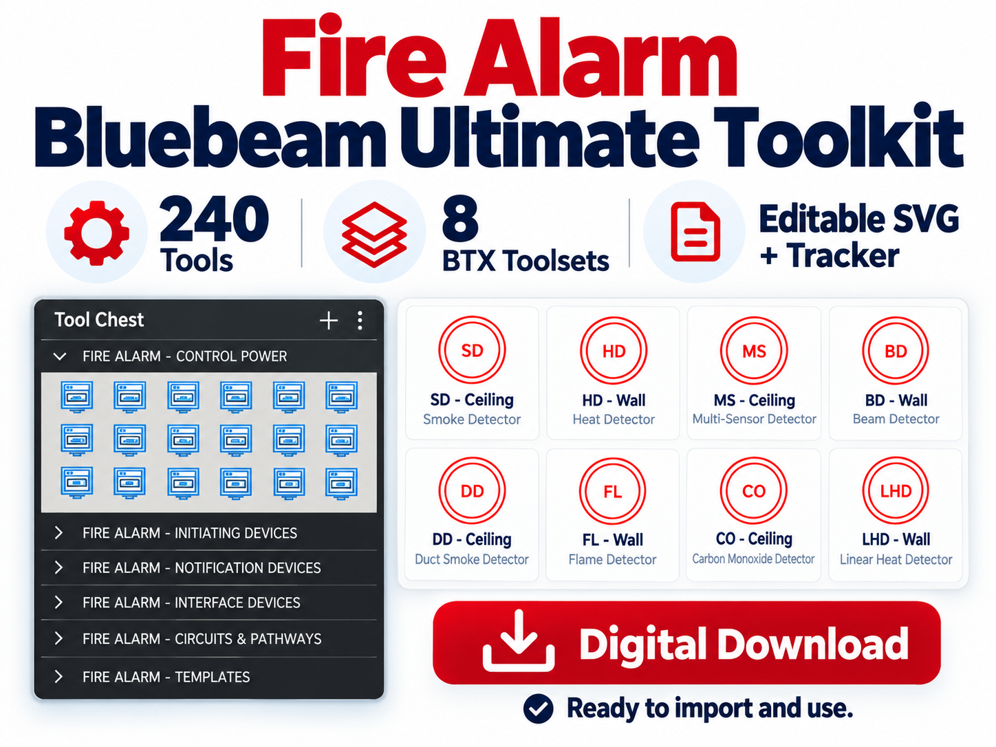240 fire alarm symbols for Bluebeam Revu featuring smoke detectors, heat detectors, notification devices, 8 BTX toolsets and editable SVG files.