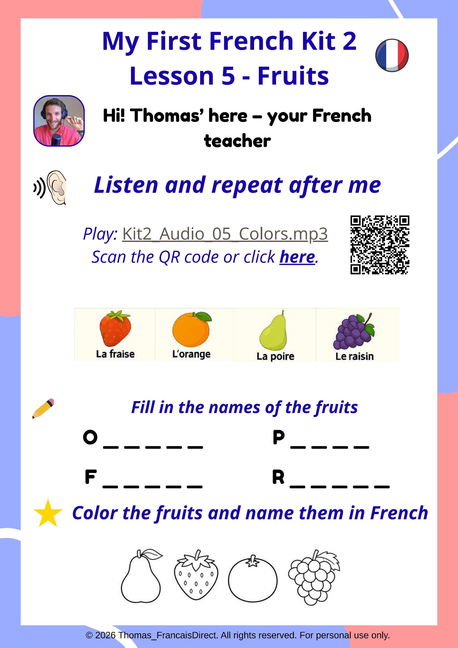 French worksheet for Kids