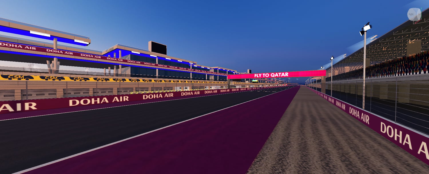 Qatar racing circuit with pit lane and overhead signage
