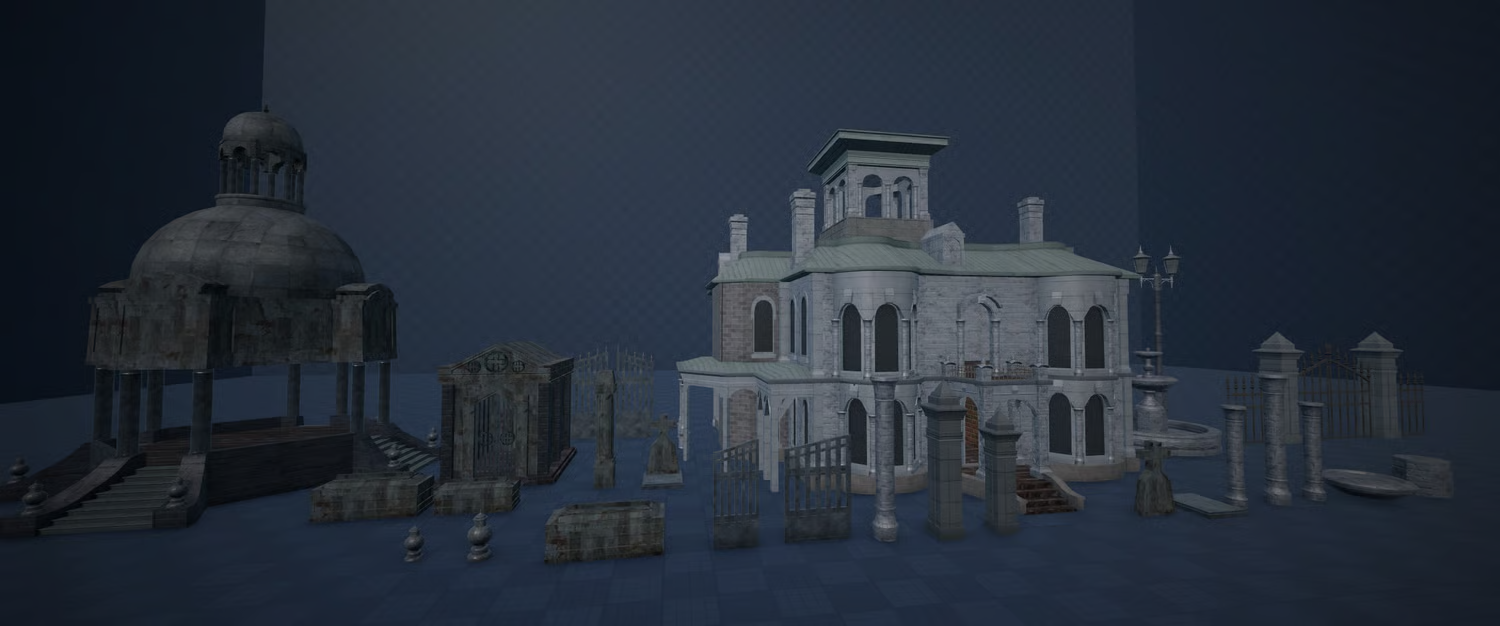 Gothic graveyard featuring crosses and decorative fencing