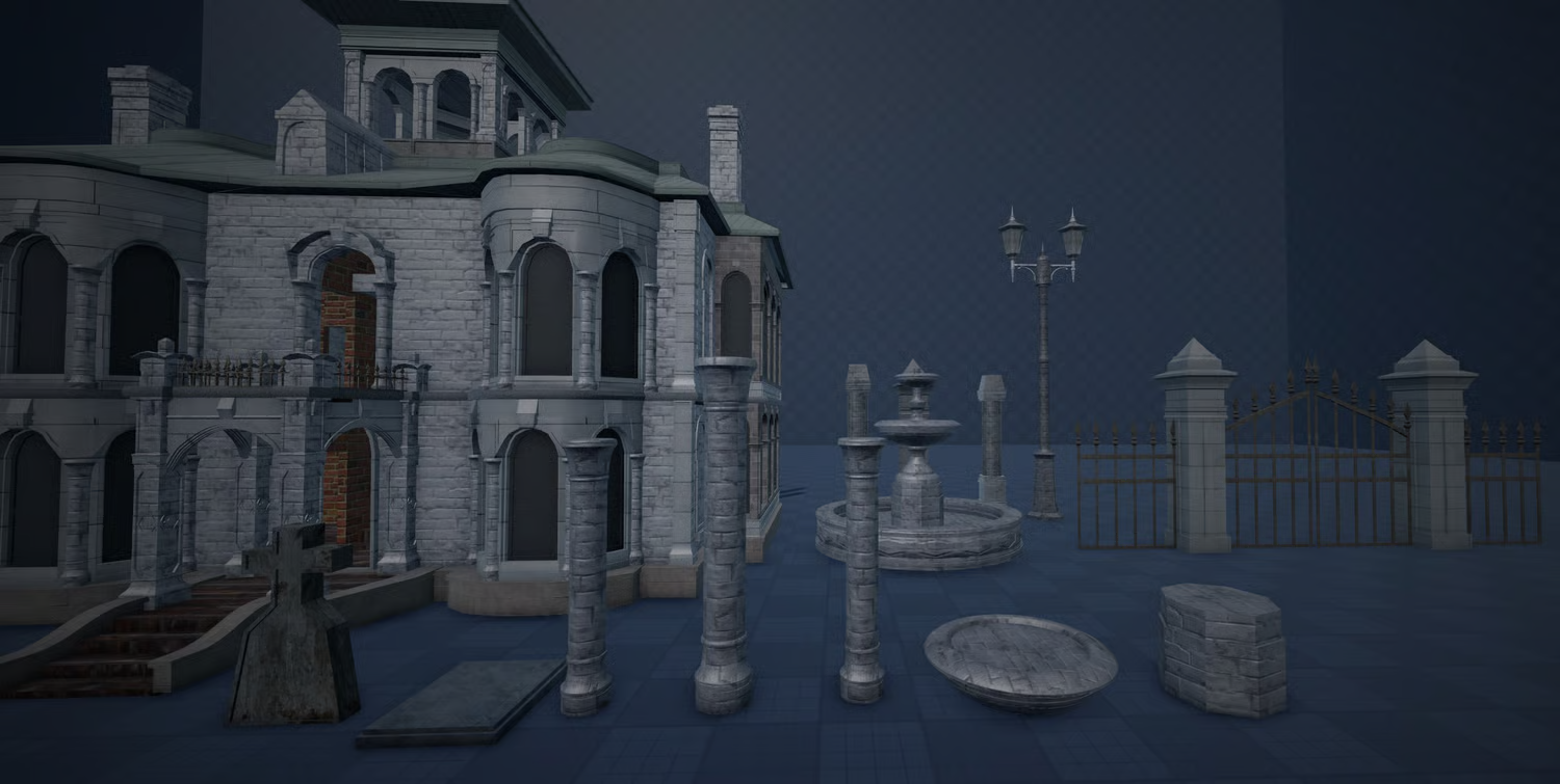 Dark gothic temple surrounded by architectural pillars