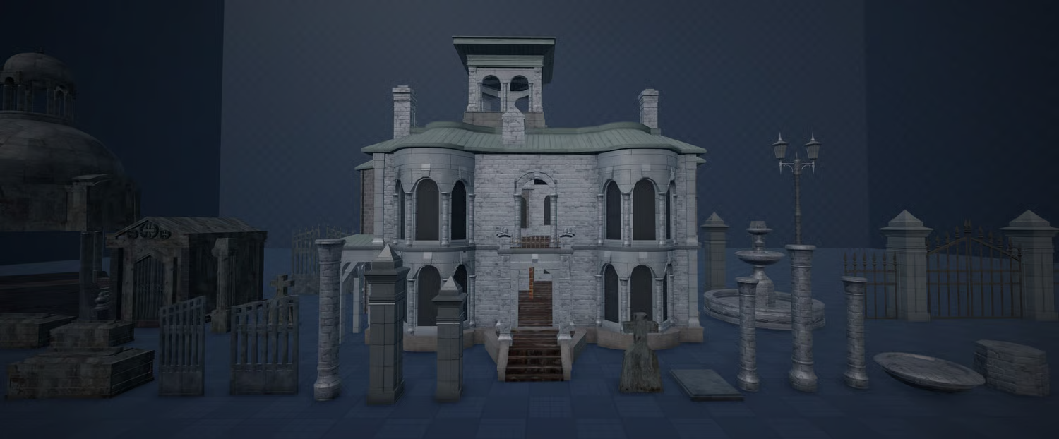Two-floor gothic mansion with enterable interior rooms