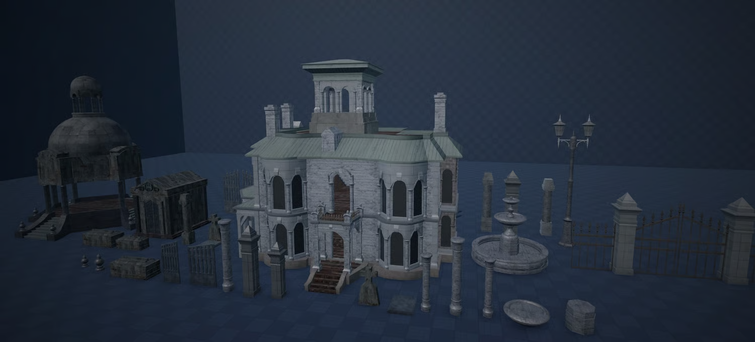 Gothic haunted mansion with balconies and roof tower